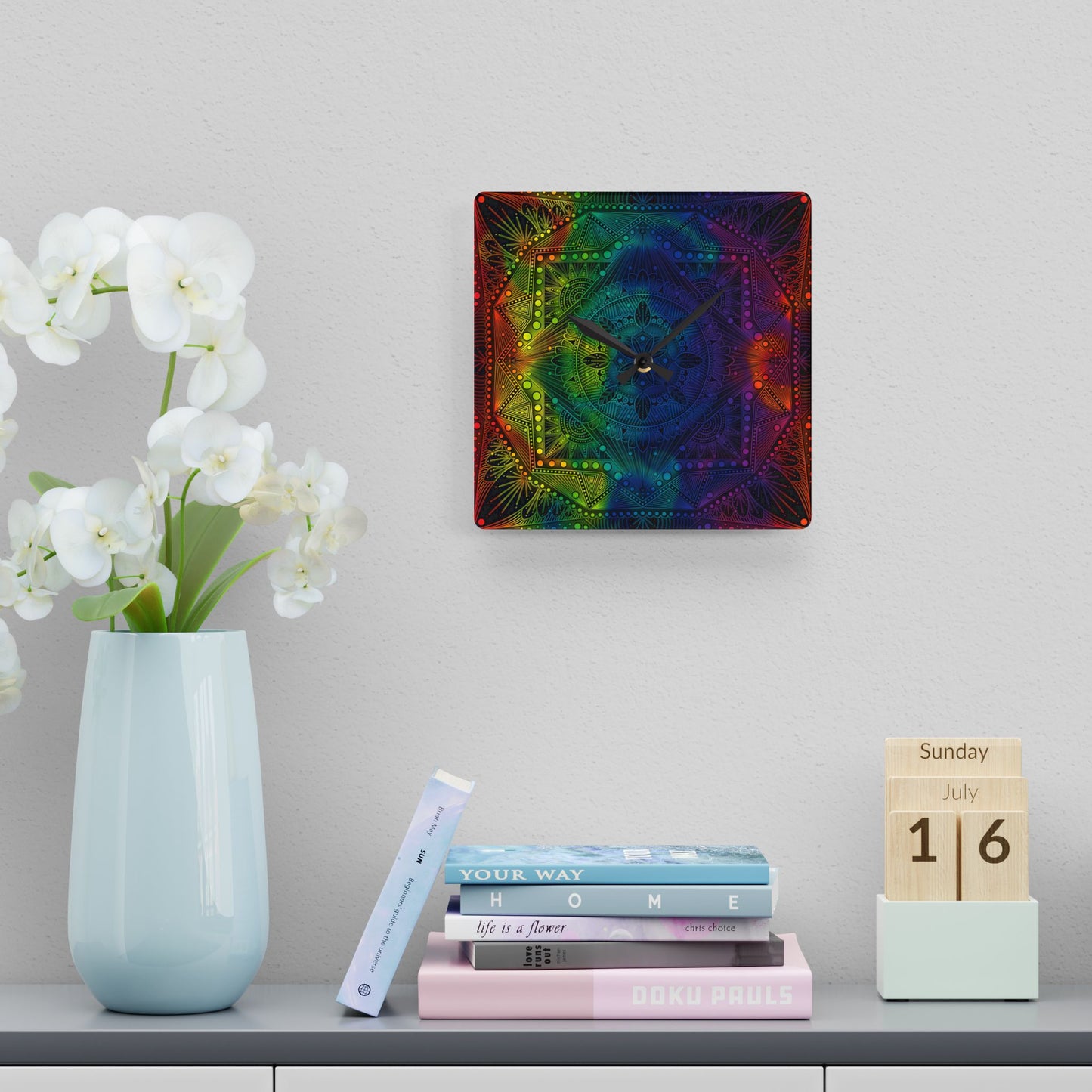 Mandala Wall Clock, Rainbow Holographic Acrylic Clock, Psychedelic Art, Colorful Home Decor, Unique Gift Idea, Anndria Design