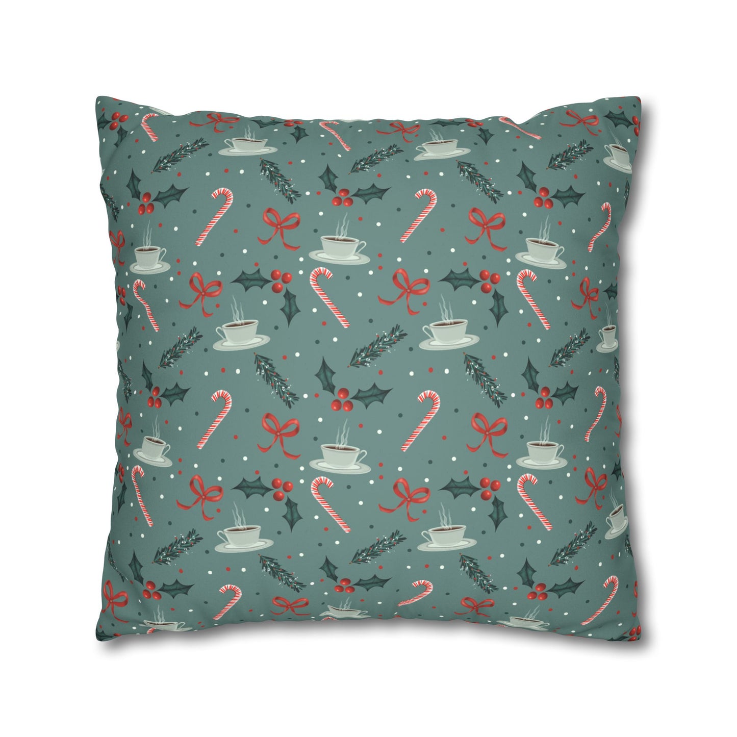 Throw Pillow Christmas Candy Canes Pine Sprigs Coffee Holly Bows Faux Suede - Cool Green