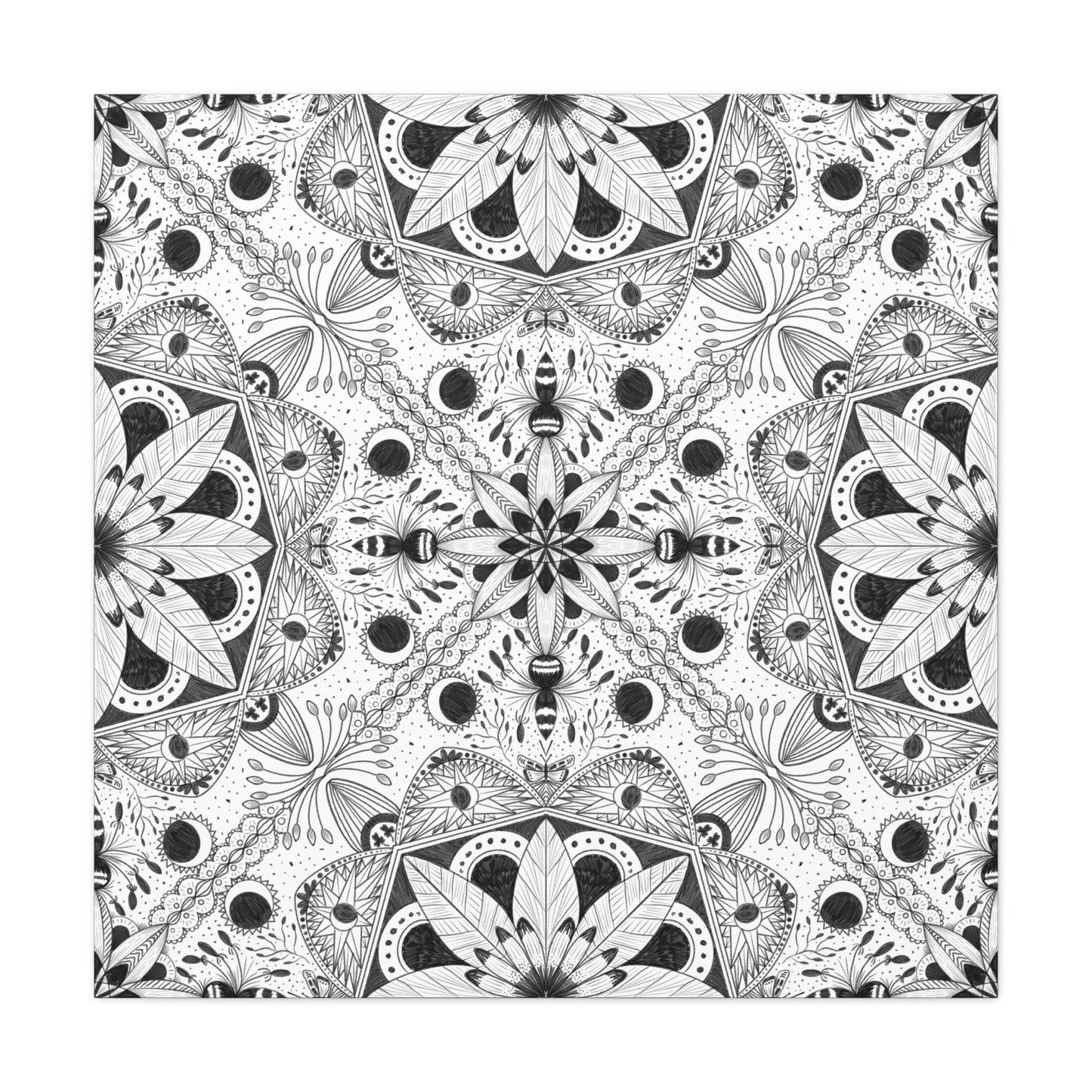 Black and White Floral Pattern Canvas Wall Art - Witchy Moth and Moons
