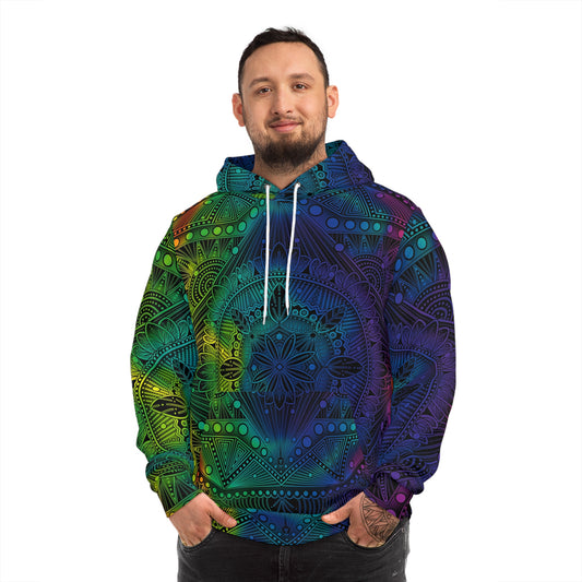 Mandala Hoodie, Holographic Rainbow Psychedelic Artwork by Anndria, Festival Fashion, Colorful Sweatshirt, Boho Clothing, Trippy Hooded Top,