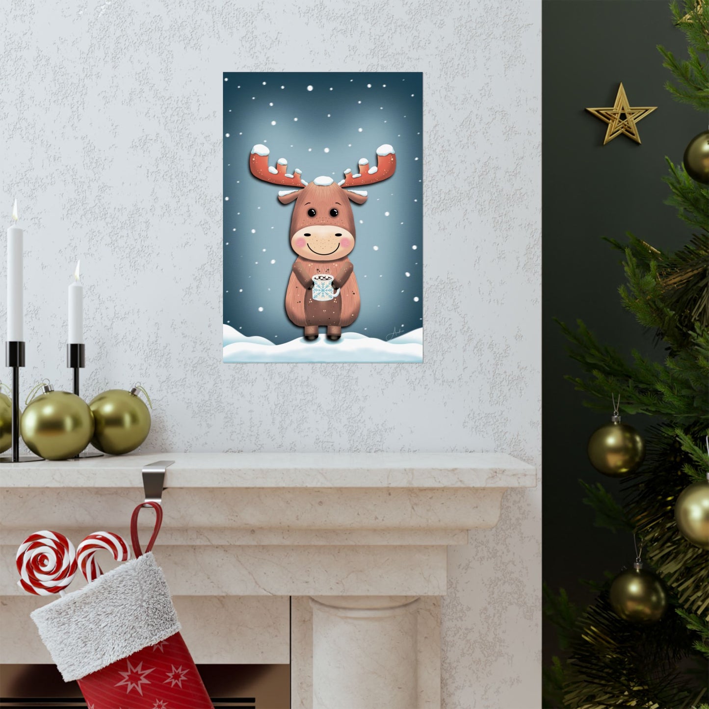 Moose Poster, Rustic Home Decor, Winter Wall Art, Frosty Sips Print, Christmas Gift, Animal Art Print, Wildlife Art, Vertical Poster