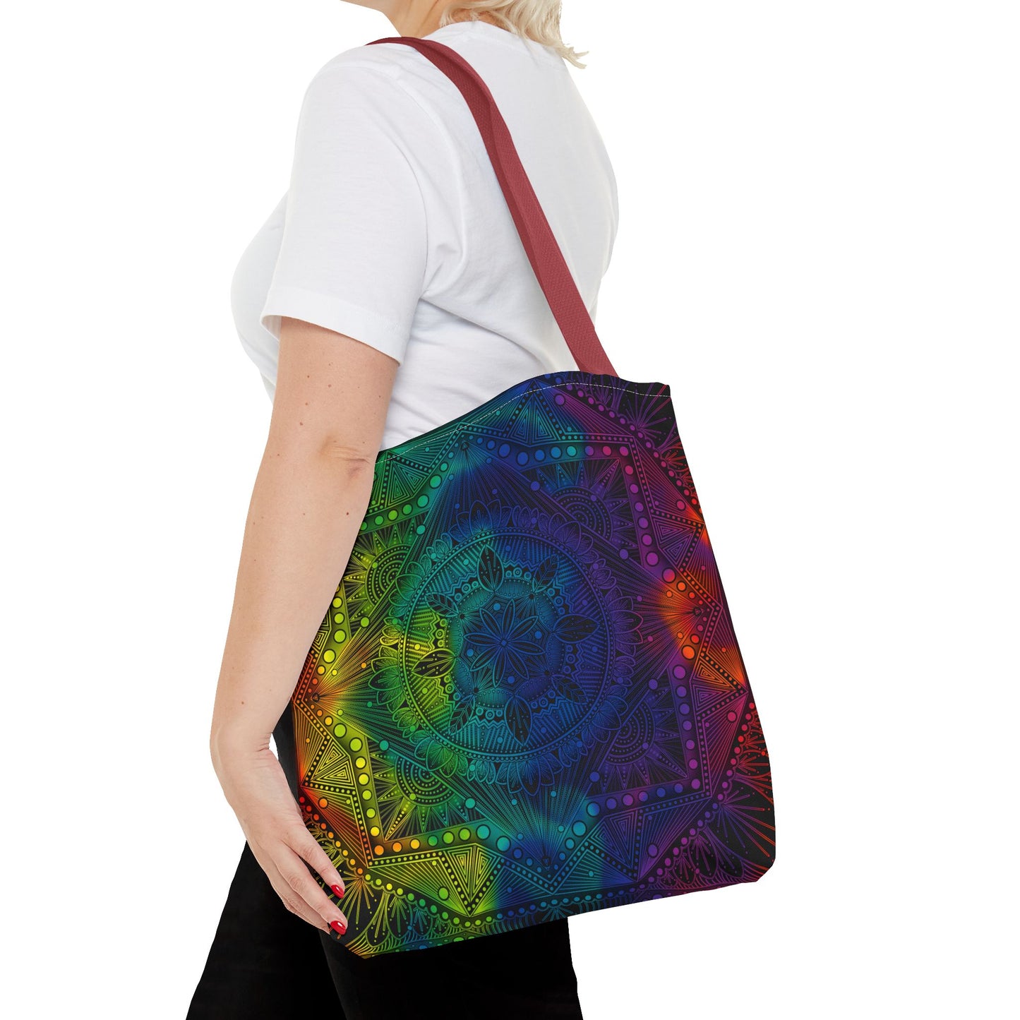 Holographic Mandala Tote Bag - Rainbow Custom Design by Anndria, Unique Shoulder Handbag for Women, Colorful Beach Carryall, Boho Shopping