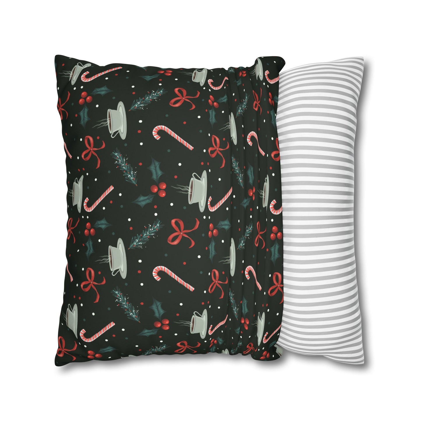 Throw Pillow Christmas Candy Canes Pine Sprigs Coffee Holly Bows Faux Suede - Dark Green