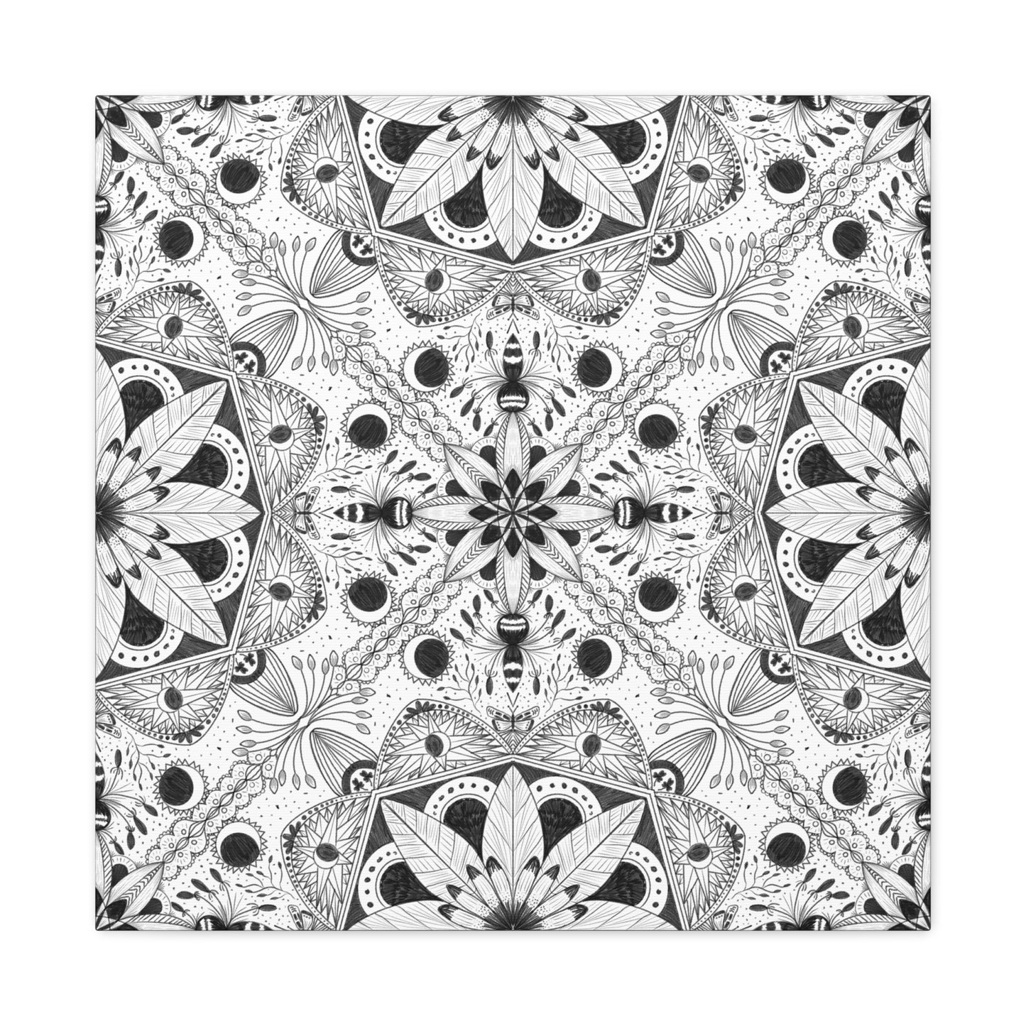 Black and White Floral Pattern Canvas Wall Art - Witchy Moth and Moons