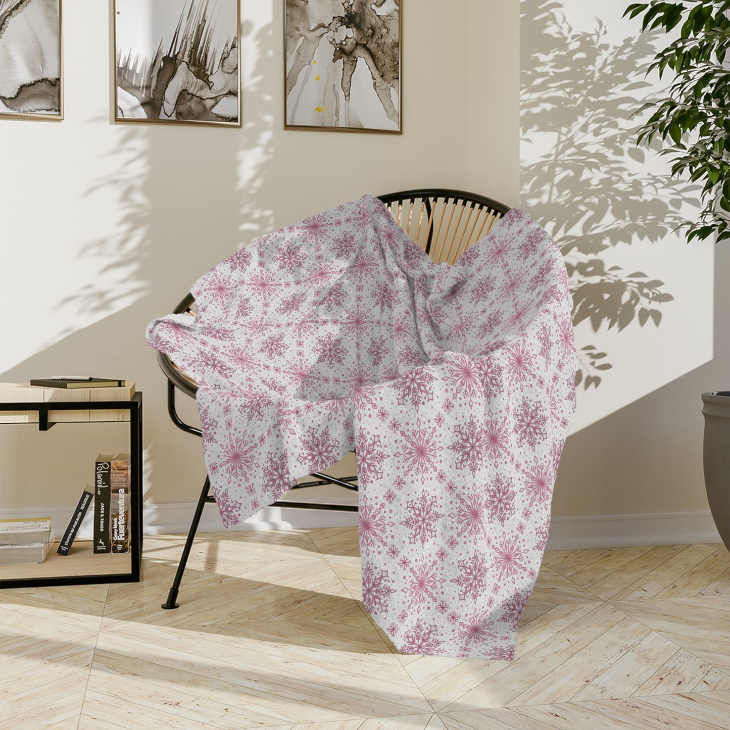 Velveteen Microfiber Blanket - Watercolor Snowflake Design by Anndria - Pink and White