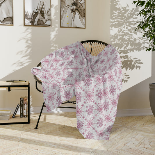 Velveteen Microfiber Blanket - Watercolor Snowflake Design by Anndria - Pink and White