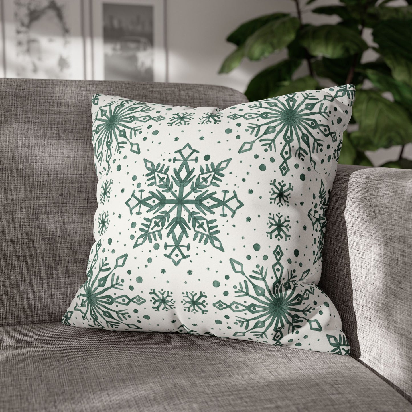 Pillowcase Watercolor Snowflake Design - Green and White