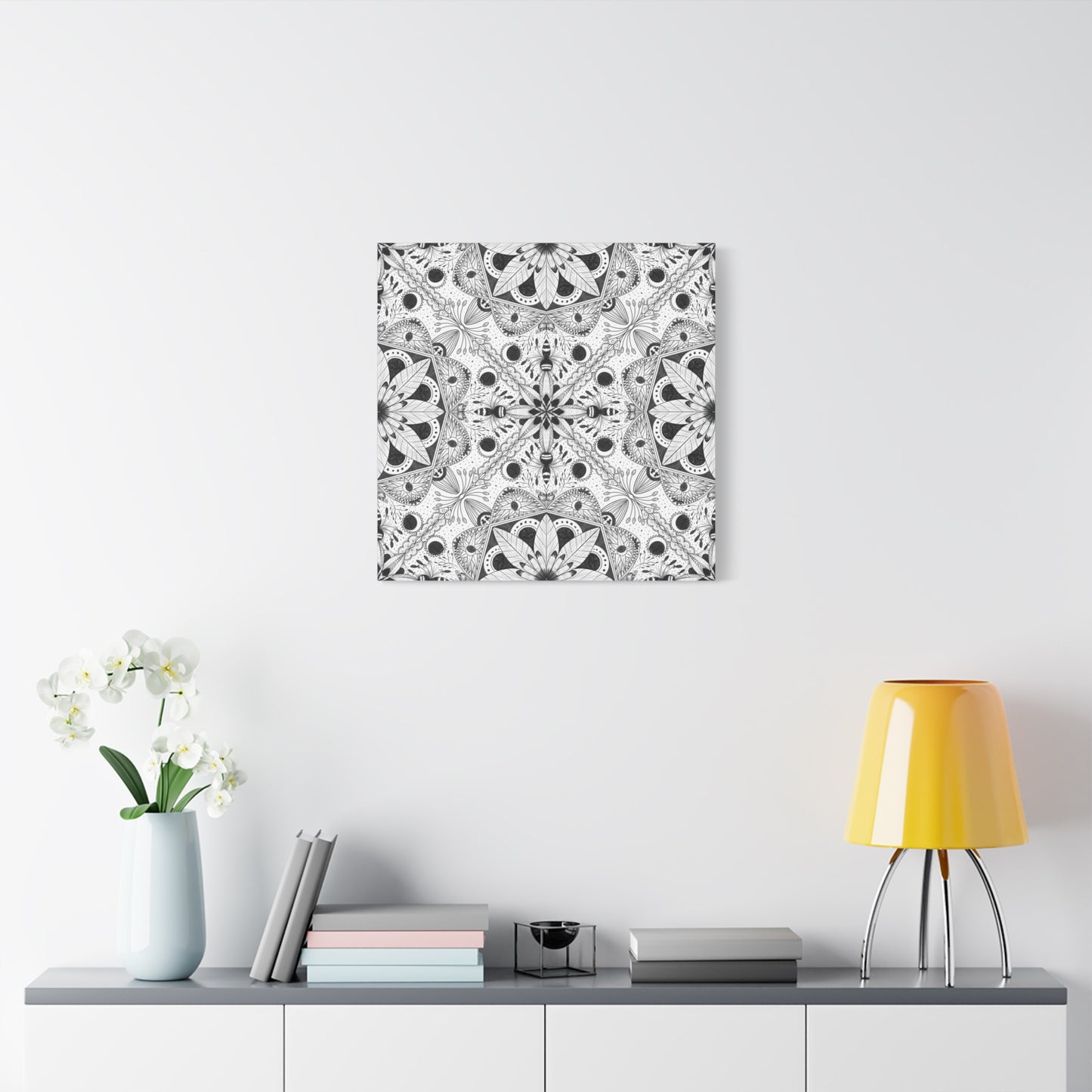 Black and White Floral Pattern Canvas Wall Art - Witchy Moth and Moons