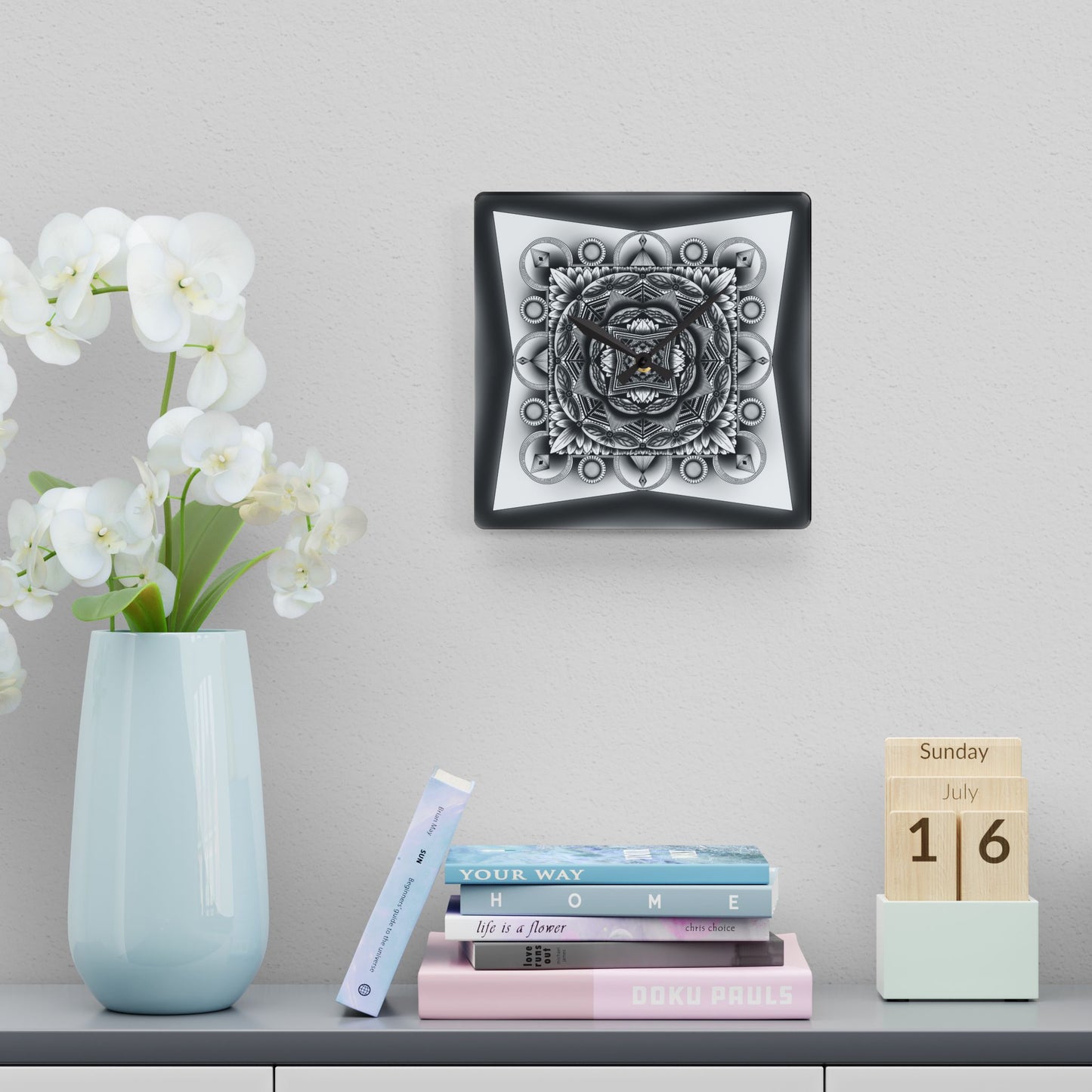 Mandala Wall Clock, Unique Acrylic Clock, Boho Home Decor, Hand Drawn Artwork, Modern Office Clock, Geometric Design Decor