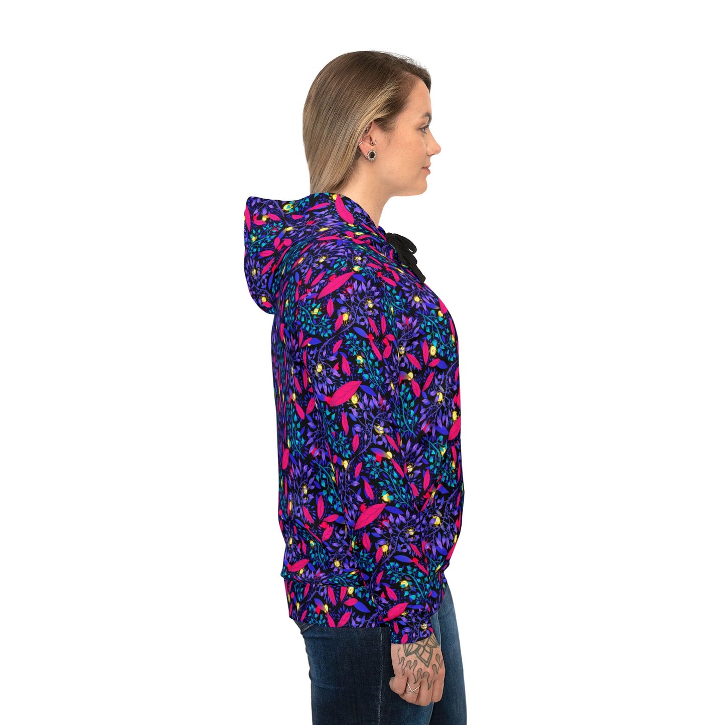 Neon Night Athletic Hoodie with Botanical Pattern by Anndria