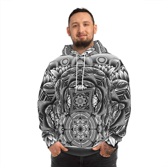 Mandala Fashion Hoodie, Hand-Drawn Black and White Artwork, Anndria Design, Boho Chic Sweatshirt, Unique Hooded Top, Trendy Pullover, Cozy