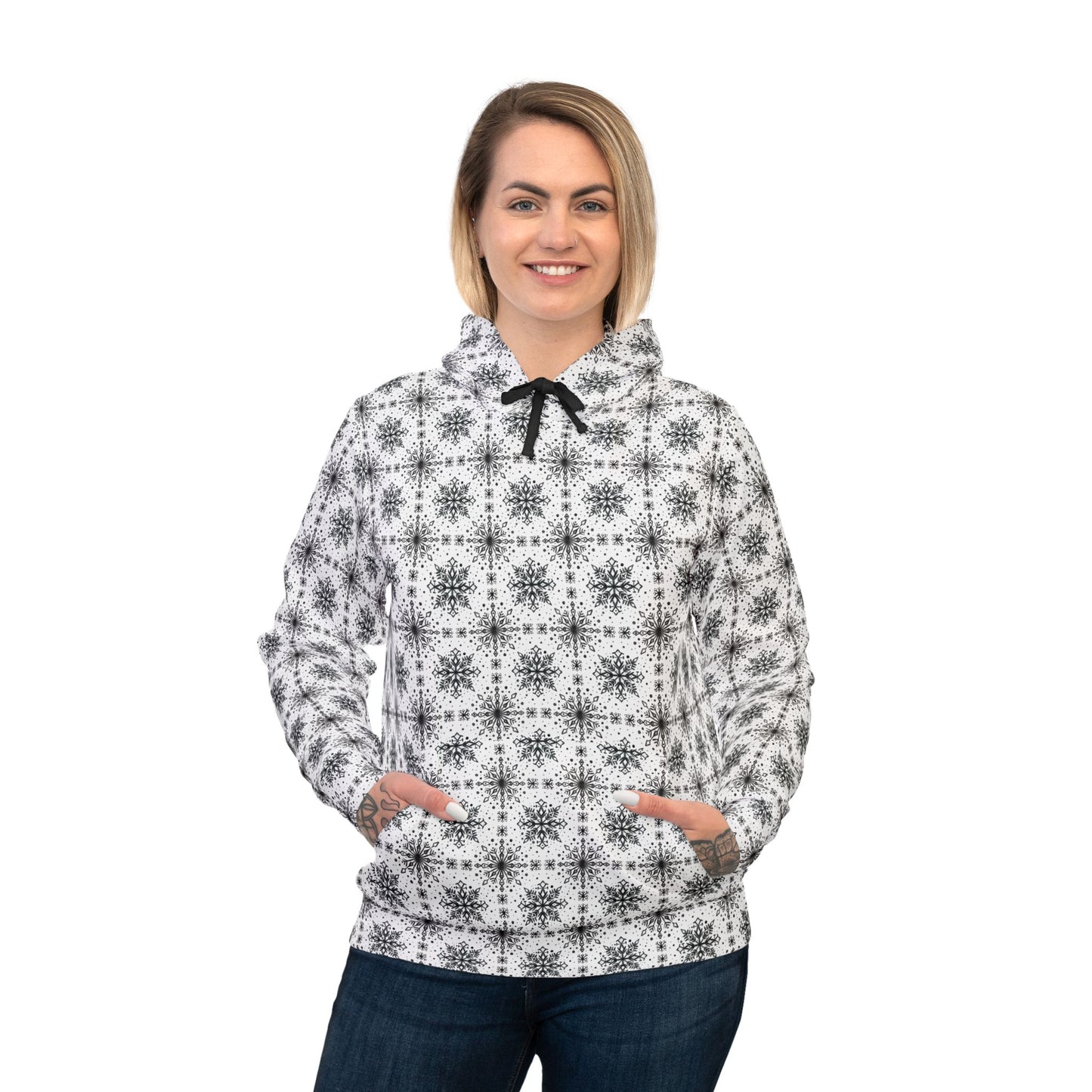 Snowflake Athletic Hoodie - Watercolor Design by Anndria - Black and White