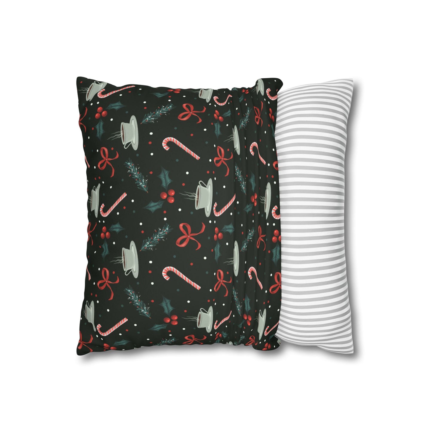Throw Pillow Christmas Candy Canes Pine Sprigs Coffee Holly Bows Faux Suede - Dark Green