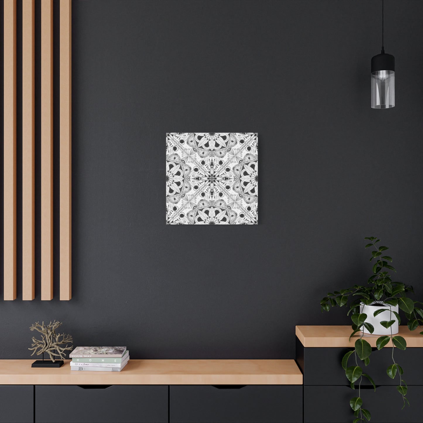 Black and White Floral Pattern Canvas Wall Art - Witchy Moth and Moons