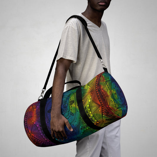 Rainbow Mandala Duffel Bag, Holographic Hiking Gym Weekend Travel Accessories, Custom Anndria Design, Unique Yoga Fitness Tote, Boho