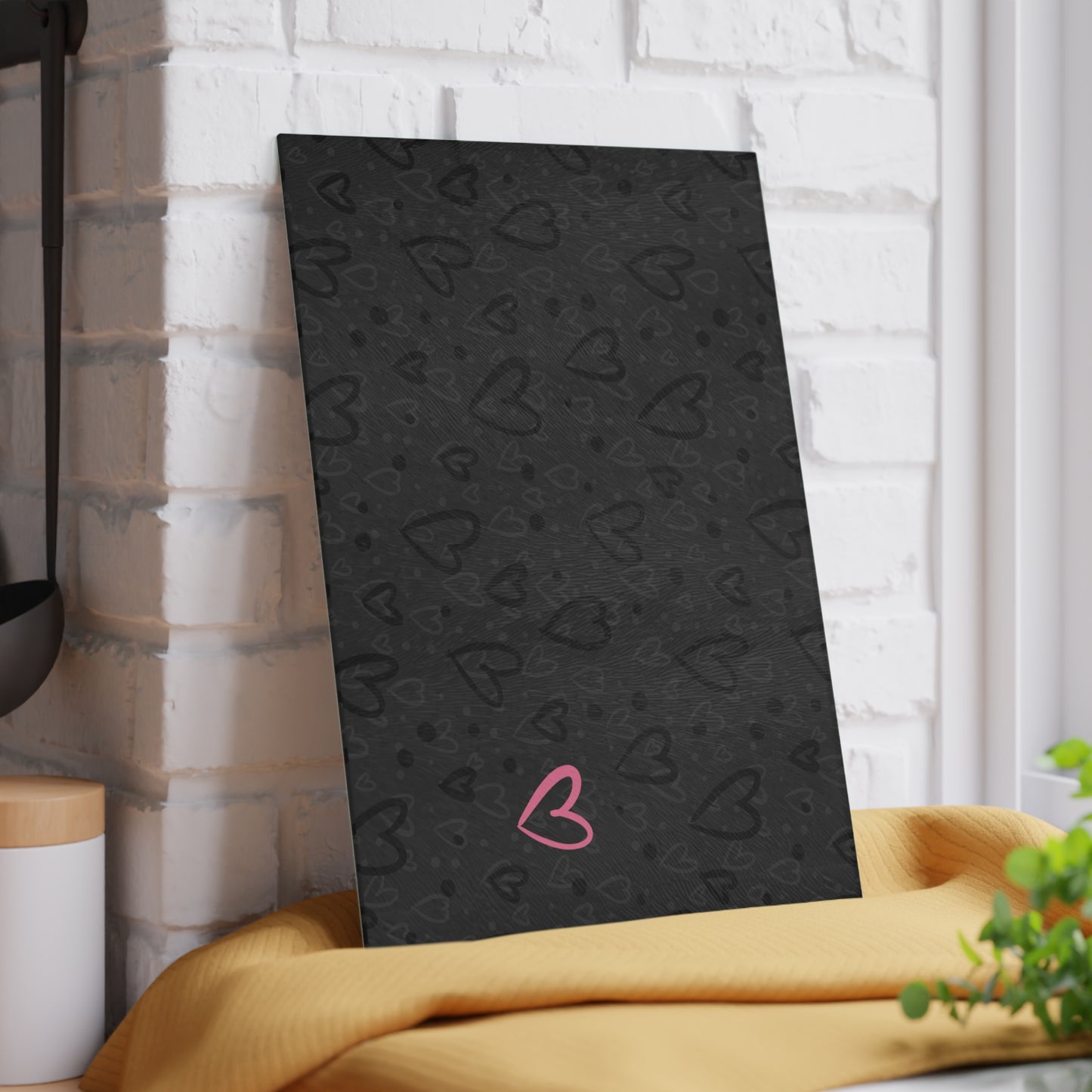 Cutting Board - Black Monochrome Heart Pattern with Pink Heart, Hand Drawn Design by Anndria, Millennial Gray Kitchen Decor
