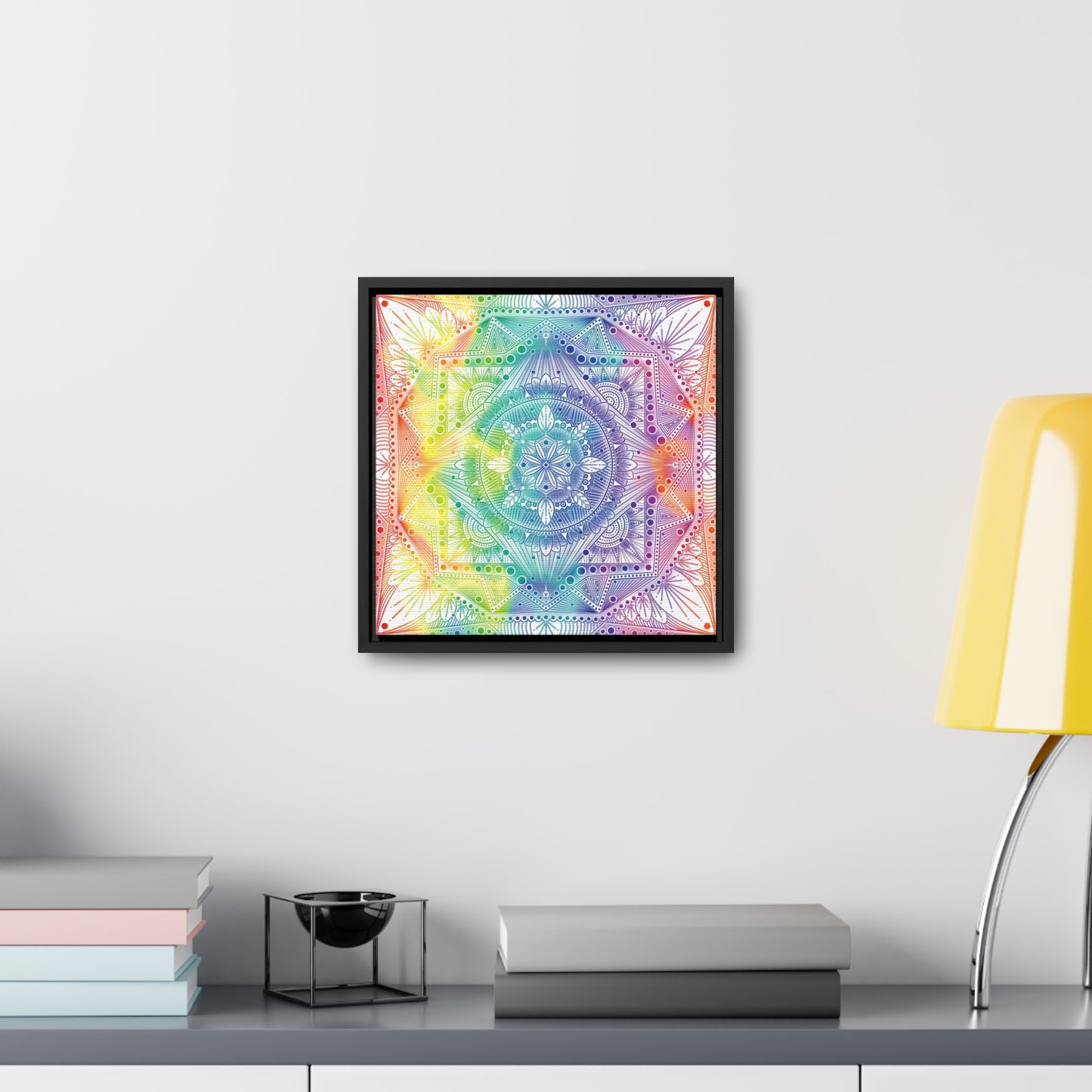 Canvas Prints, Holographic Rainbow Mandala Artwork, Square Frame, Psychedelic Wall Decor, Abstract Art Gift