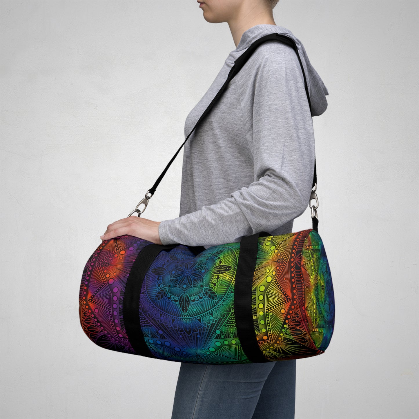 Rainbow Mandala Duffel Bag, Holographic Hiking Gym Weekend Travel Accessories, Custom Anndria Design, Unique Yoga Fitness Tote, Boho