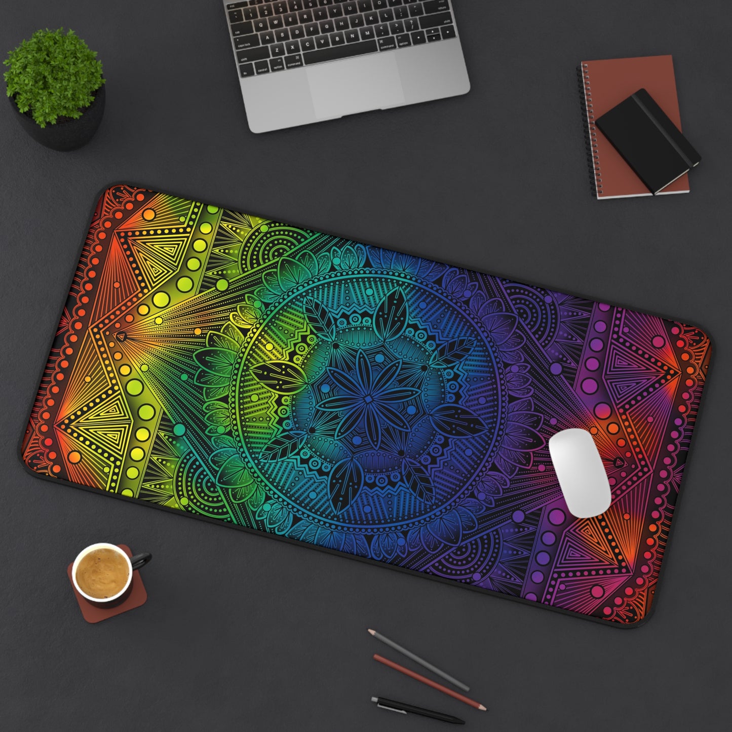 Desk Mat, Rainbow Holographic Mandala Design by Anndria, Unique Custom Work, Table Protector, Desk Pad, Office Decor, Mouse Pad