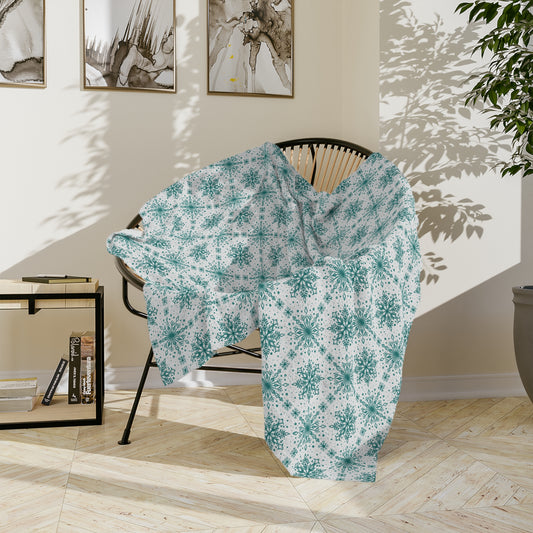 Velveteen Microfiber Blanket - Watercolor Snowflake Design by Anndria - Teal and White