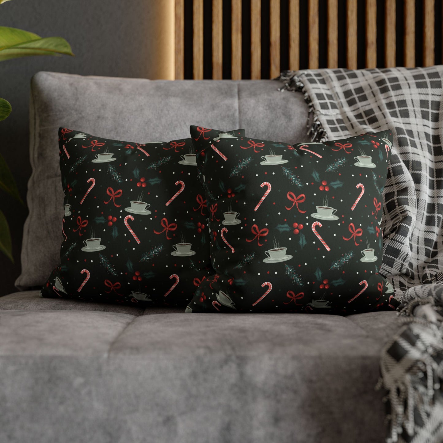 Throw Pillow Christmas Candy Canes Pine Sprigs Coffee Holly Bows Faux Suede - Dark Green