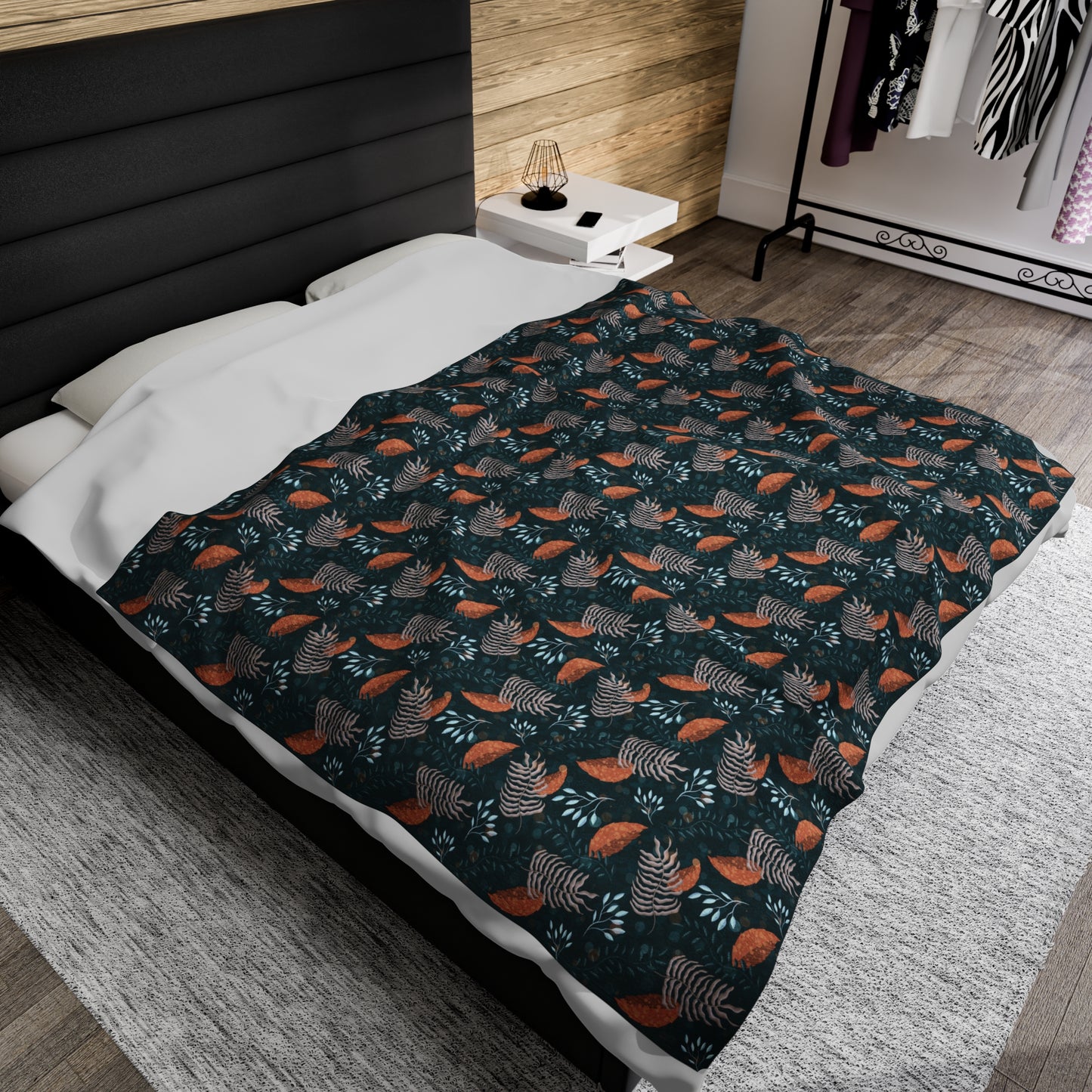 Plush Blanket - Earthy Teal, Orange and Taupe Botanical Pattern by Anndria