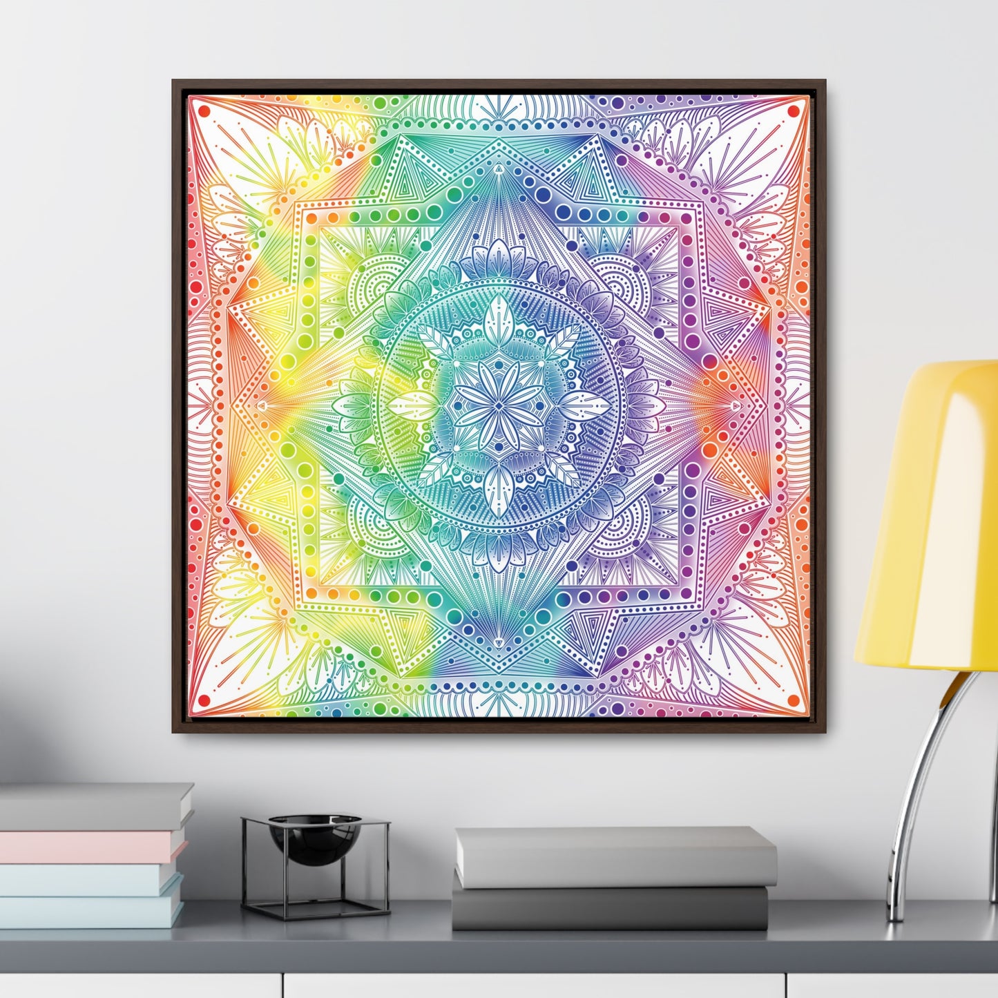 Canvas Prints, Holographic Rainbow Mandala Artwork, Square Frame, Psychedelic Wall Decor, Abstract Art Gift