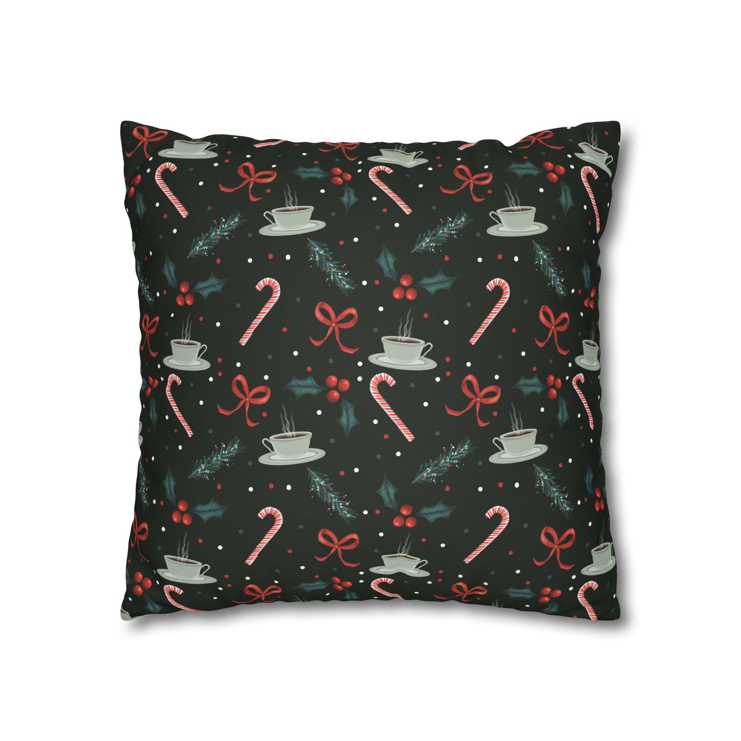 Throw Pillow Christmas Candy Canes Pine Sprigs Coffee Holly Bows Faux Suede - Dark Green