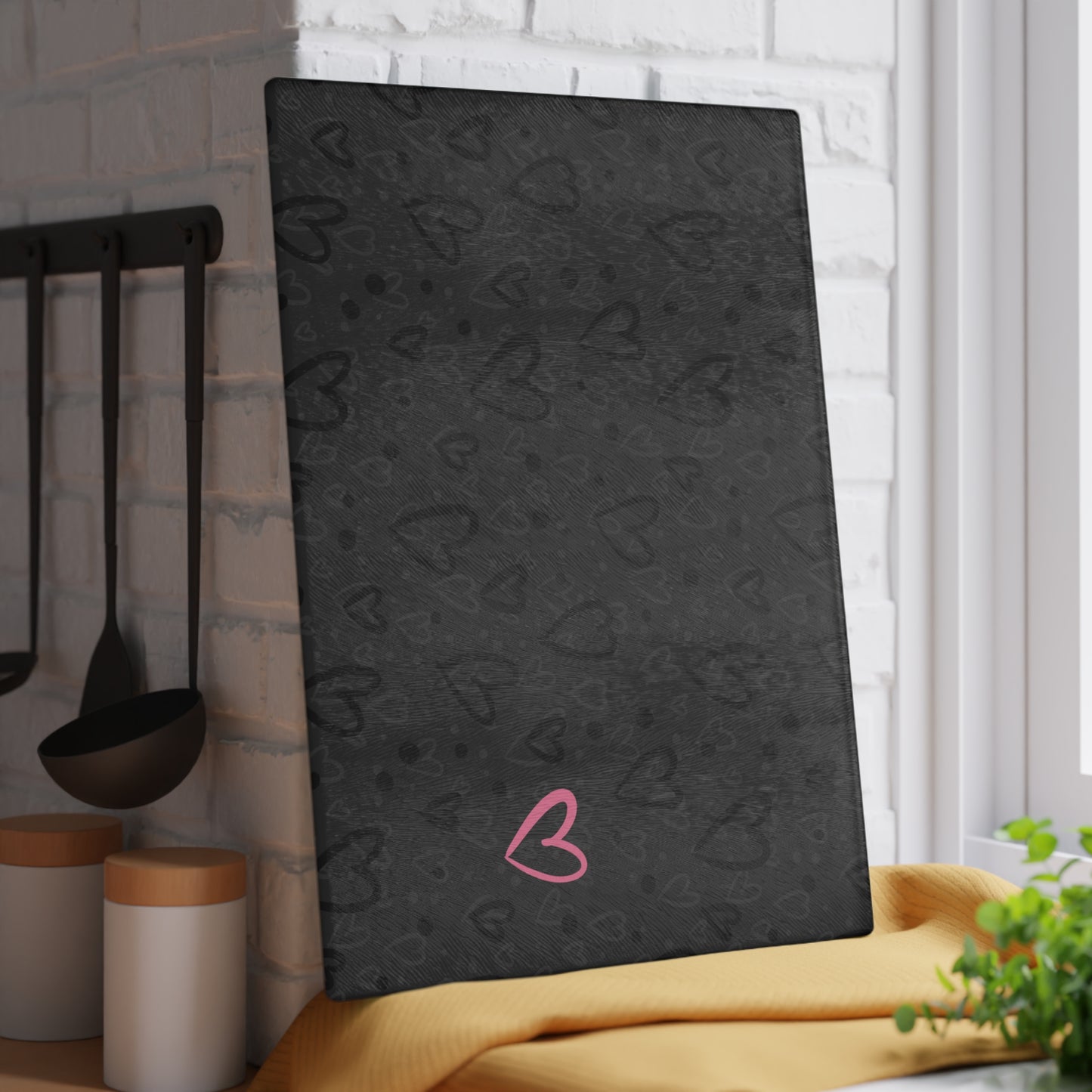 Cutting Board - Black Monochrome Heart Pattern with Pink Heart, Hand Drawn Design by Anndria, Millennial Gray Kitchen Decor