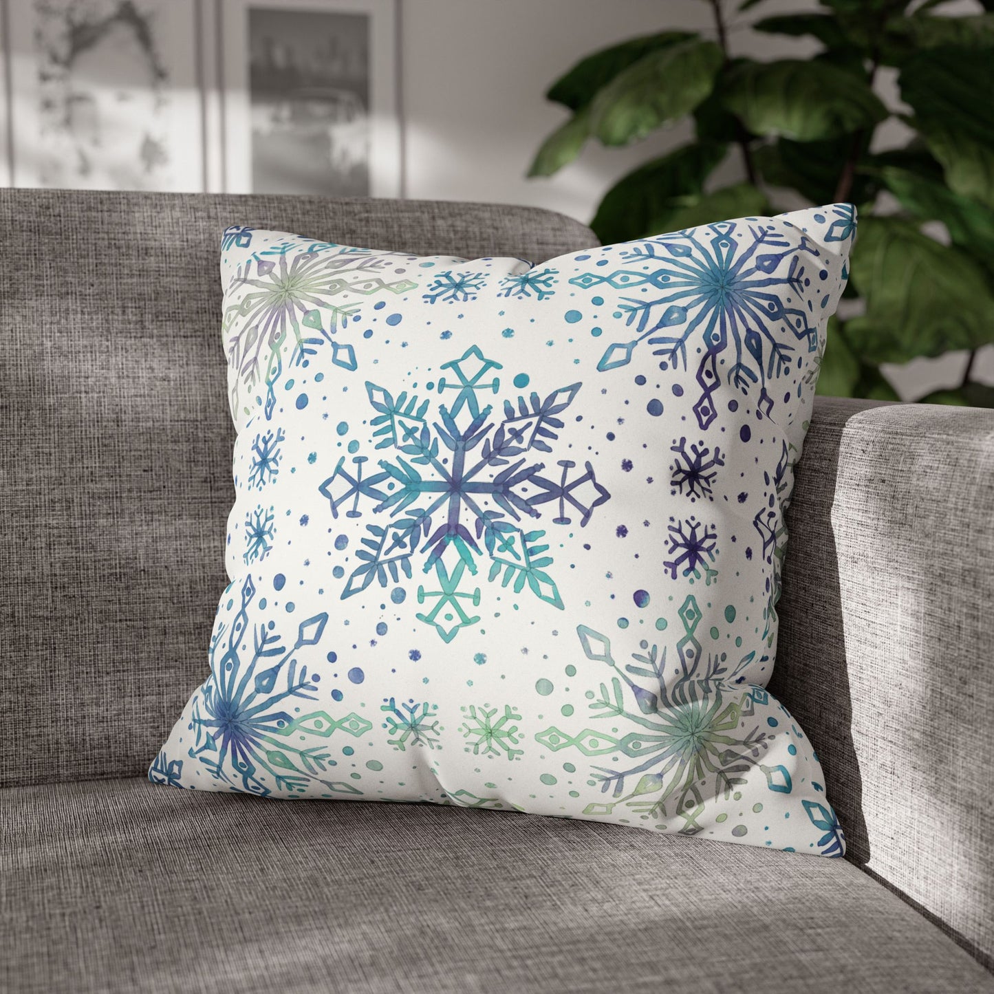 Pillowcase Watercolor Snowflake Design - Frosty teal, purple and green