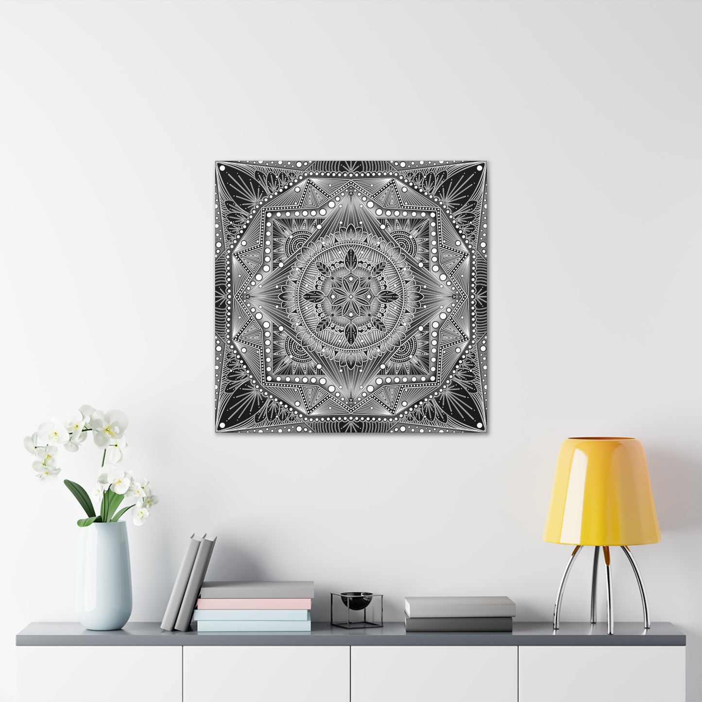 Square Canvas Print, Black and White Mandala Artwork by Anndria, Gallery Wall Decor, Minimalist Home Decoration, Zen Meditation Gift,