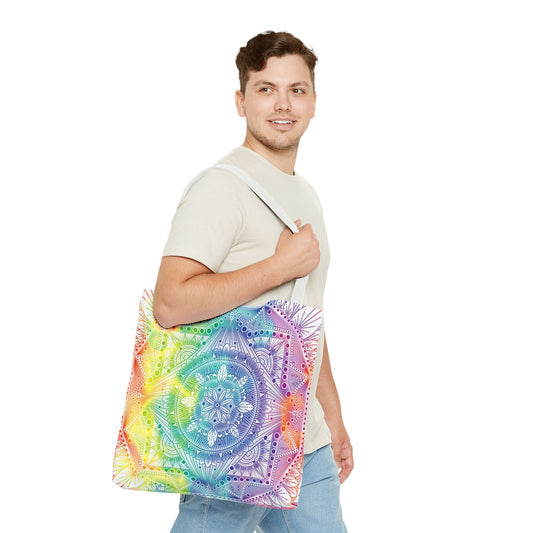 Holographic Mandala Tote Bag - Rainbow Custom Design by Anndria, Unique Shoulder Handbag for Women, Colorful Beach Carryall, Boho Shopping