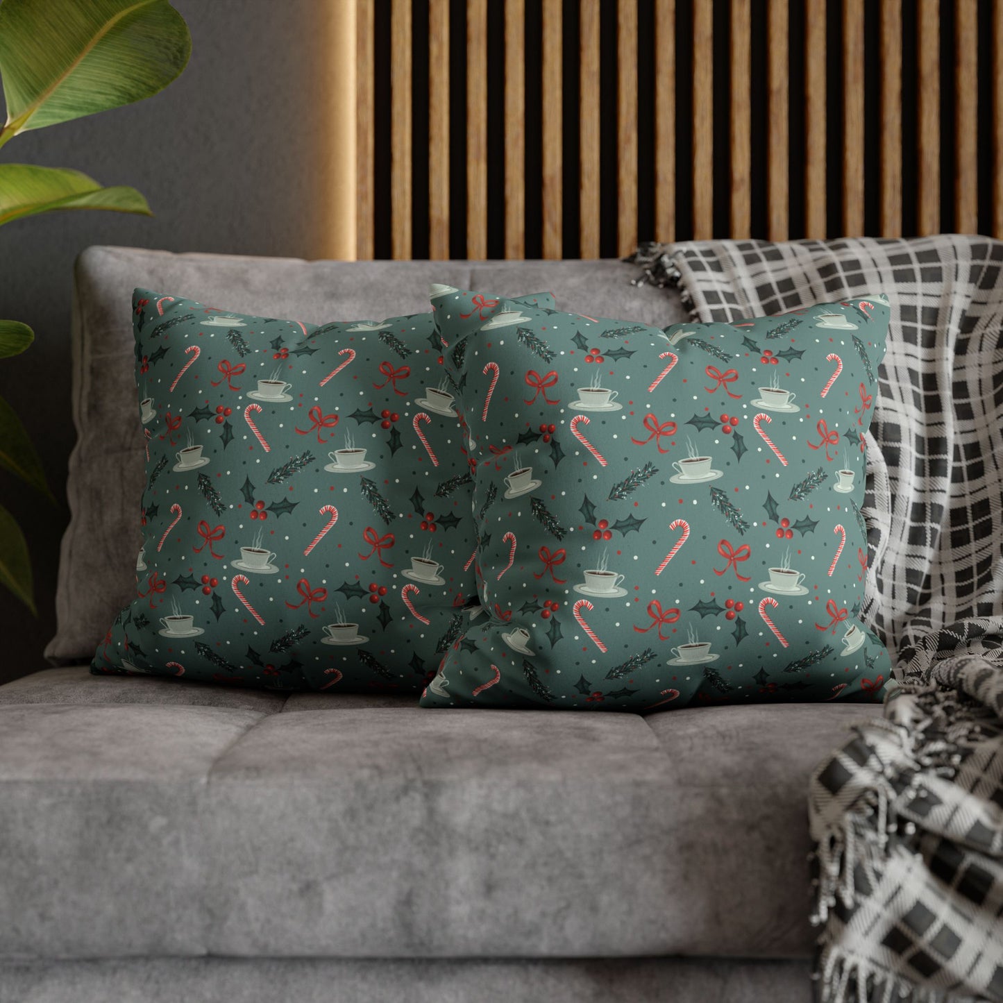 Throw Pillow Christmas Candy Canes Pine Sprigs Coffee Holly Bows Faux Suede - Cool Green