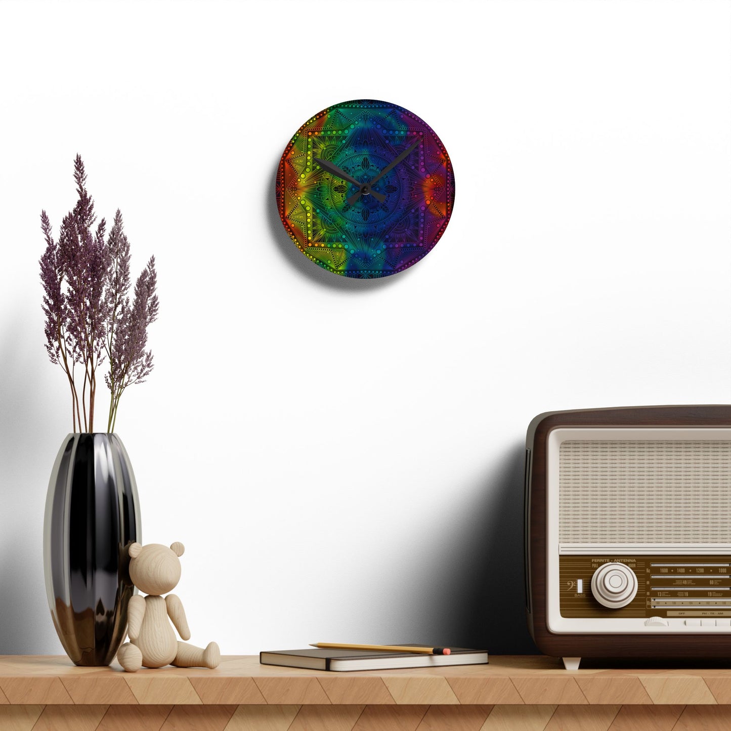 Mandala Wall Clock, Rainbow Holographic Acrylic Clock, Psychedelic Art, Colorful Home Decor, Unique Gift Idea, Anndria Design