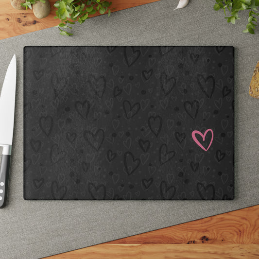 Cutting Board - Black Monochrome Heart Pattern with Pink Heart, Hand Drawn Design by Anndria, Millennial Gray Kitchen Decor
