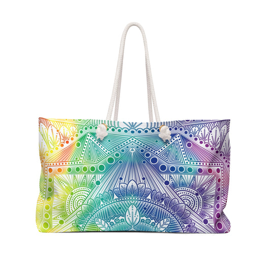 Mandala Weekender Bag, Rainbow Holographic Design by Anndria, Custom Carryall, Unique Overnight Duffle, Boho Travel Tote, Colorful Gym Bag