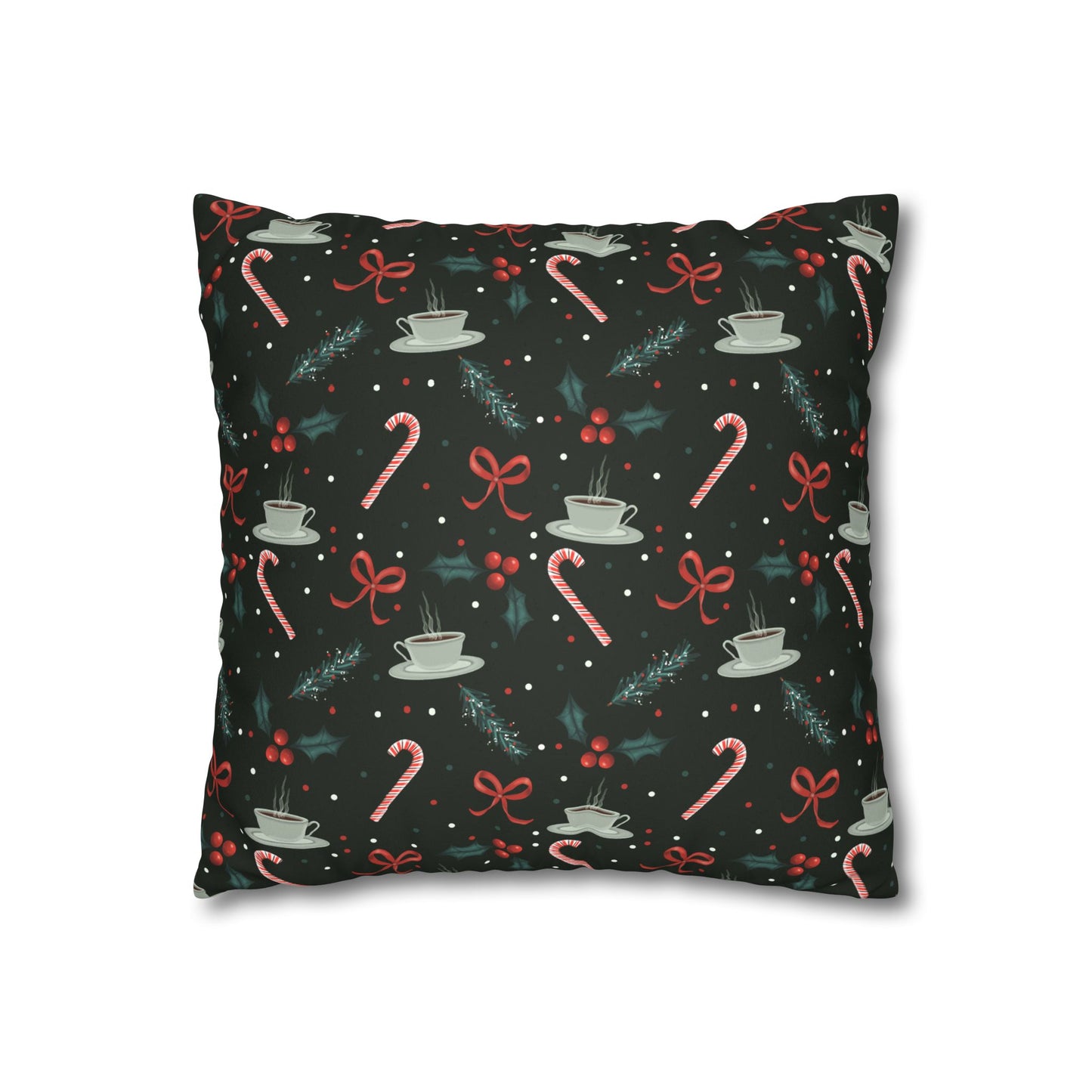 Throw Pillow Christmas Candy Canes Pine Sprigs Coffee Holly Bows Faux Suede - Dark Green