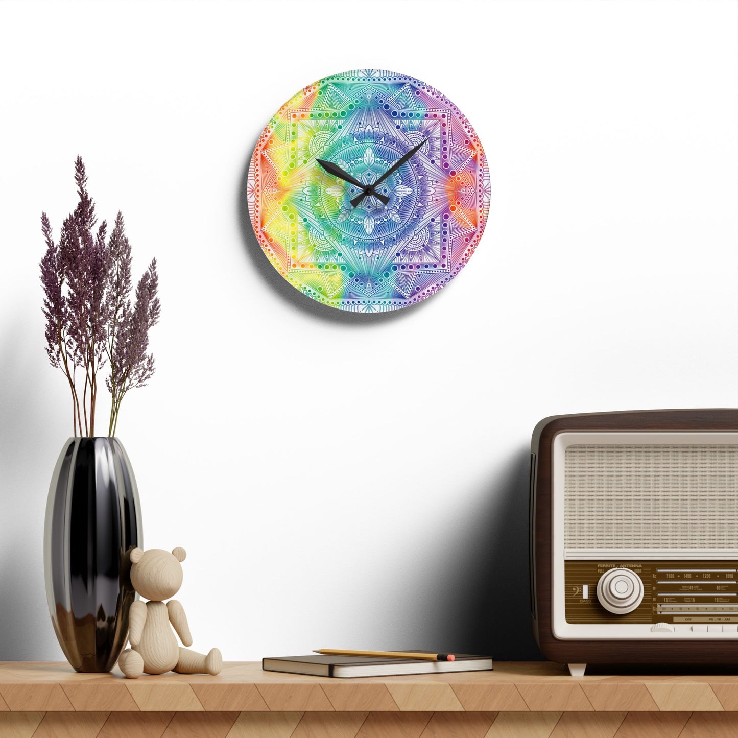 Mandala Wall Clock, Rainbow Holographic Acrylic Clock, Psychedelic Art, Colorful Home Decor, Unique Gift Idea, Anndria Design