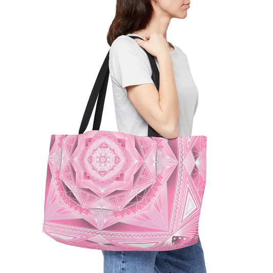 Geometric Pink Weekender Tote Bag, Anndria Design, Large Travel Bag, Stylish Carryall, Gift for Her, Shoulder Bag for Women