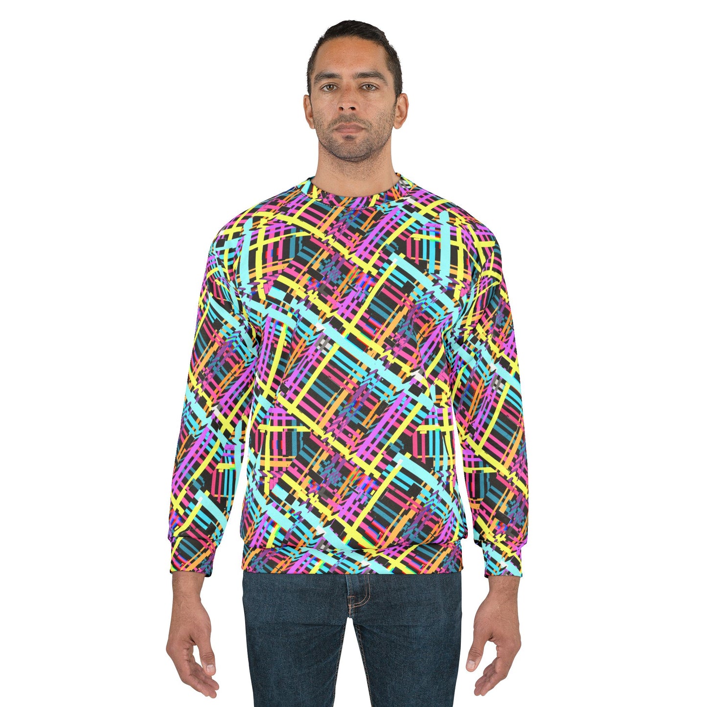 Vibrant Geometric Glitch Unisex Sweatshirt - Colorful Patterned Pullover for Casual Style