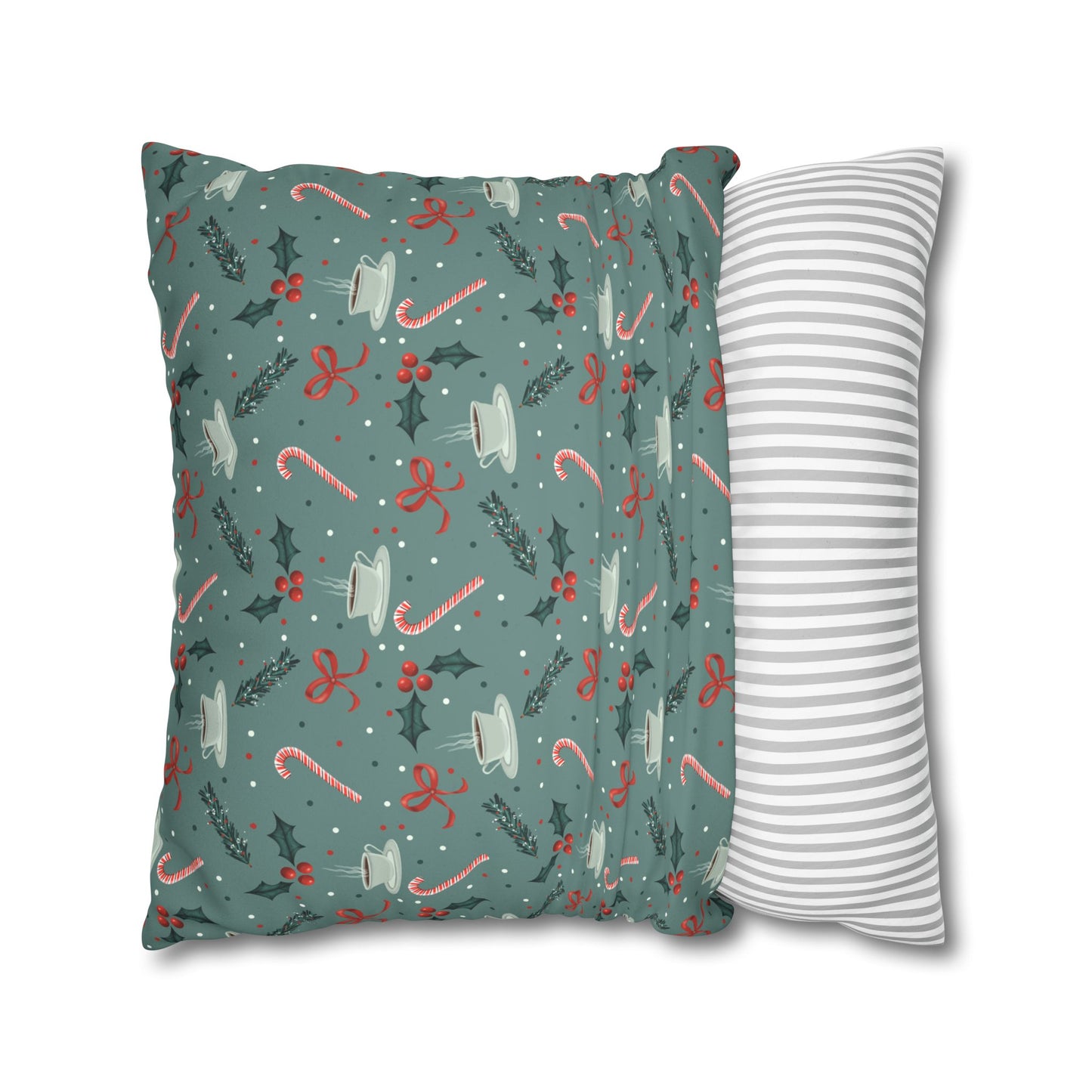 Throw Pillow Christmas Candy Canes Pine Sprigs Coffee Holly Bows Faux Suede - Cool Green