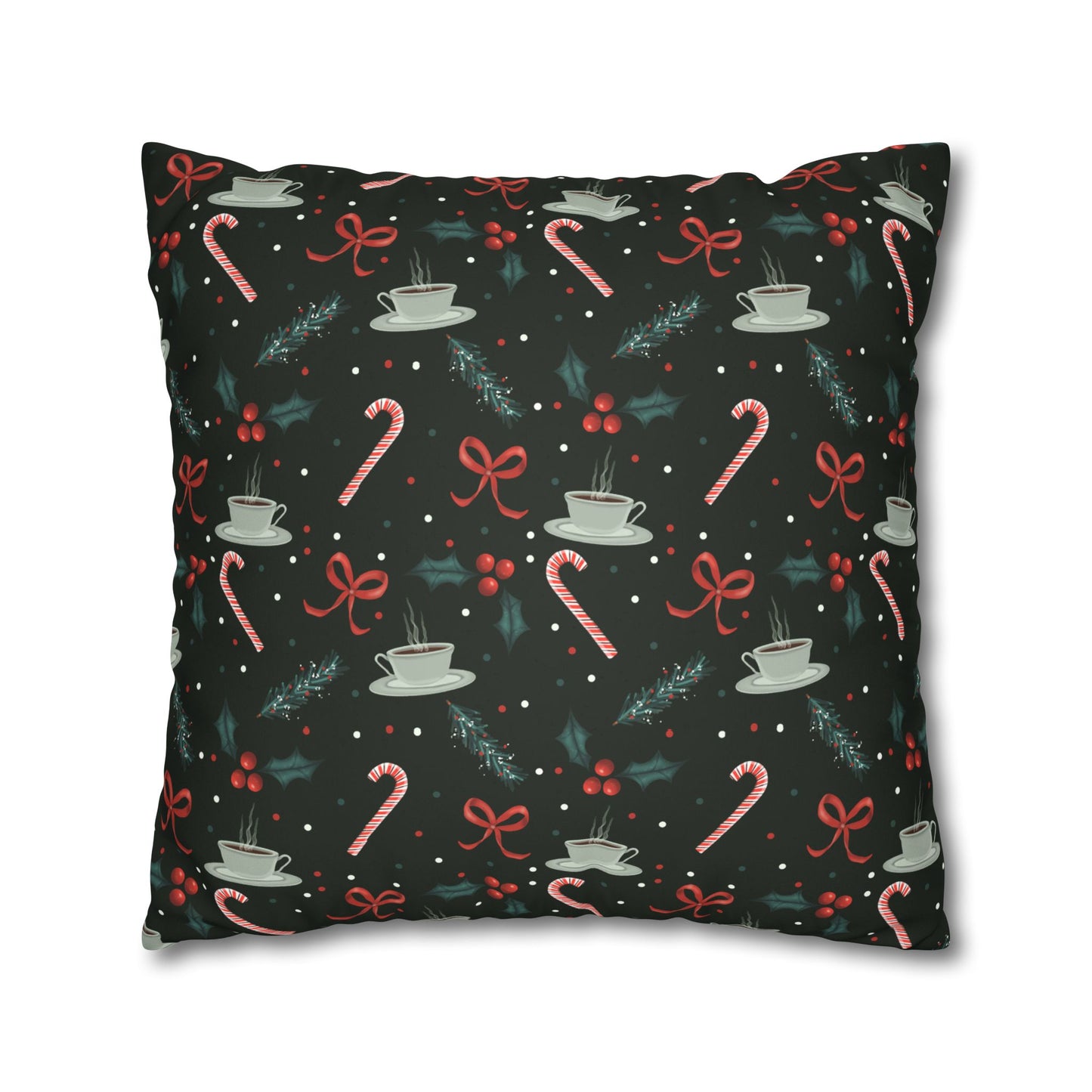 Throw Pillow Christmas Candy Canes Pine Sprigs Coffee Holly Bows Faux Suede - Dark Green