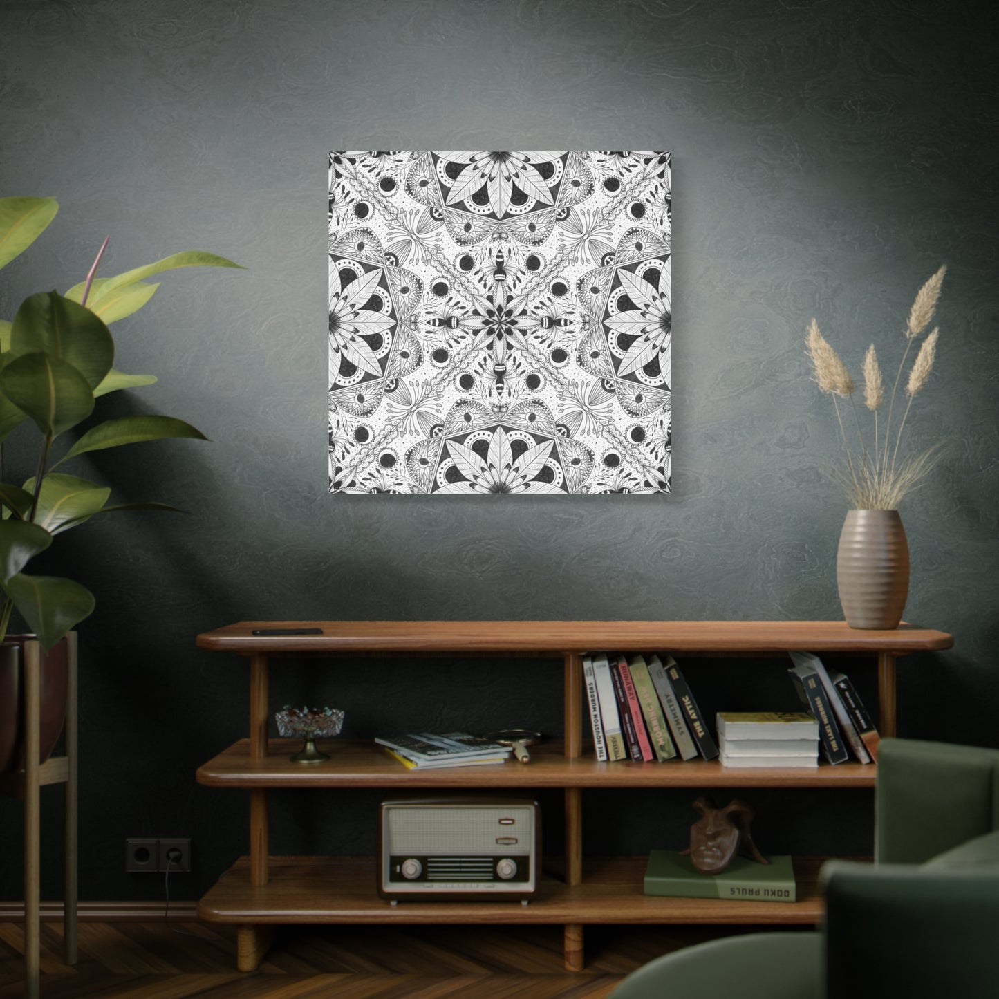 Black and White Floral Pattern Canvas Wall Art - Witchy Moth and Moons