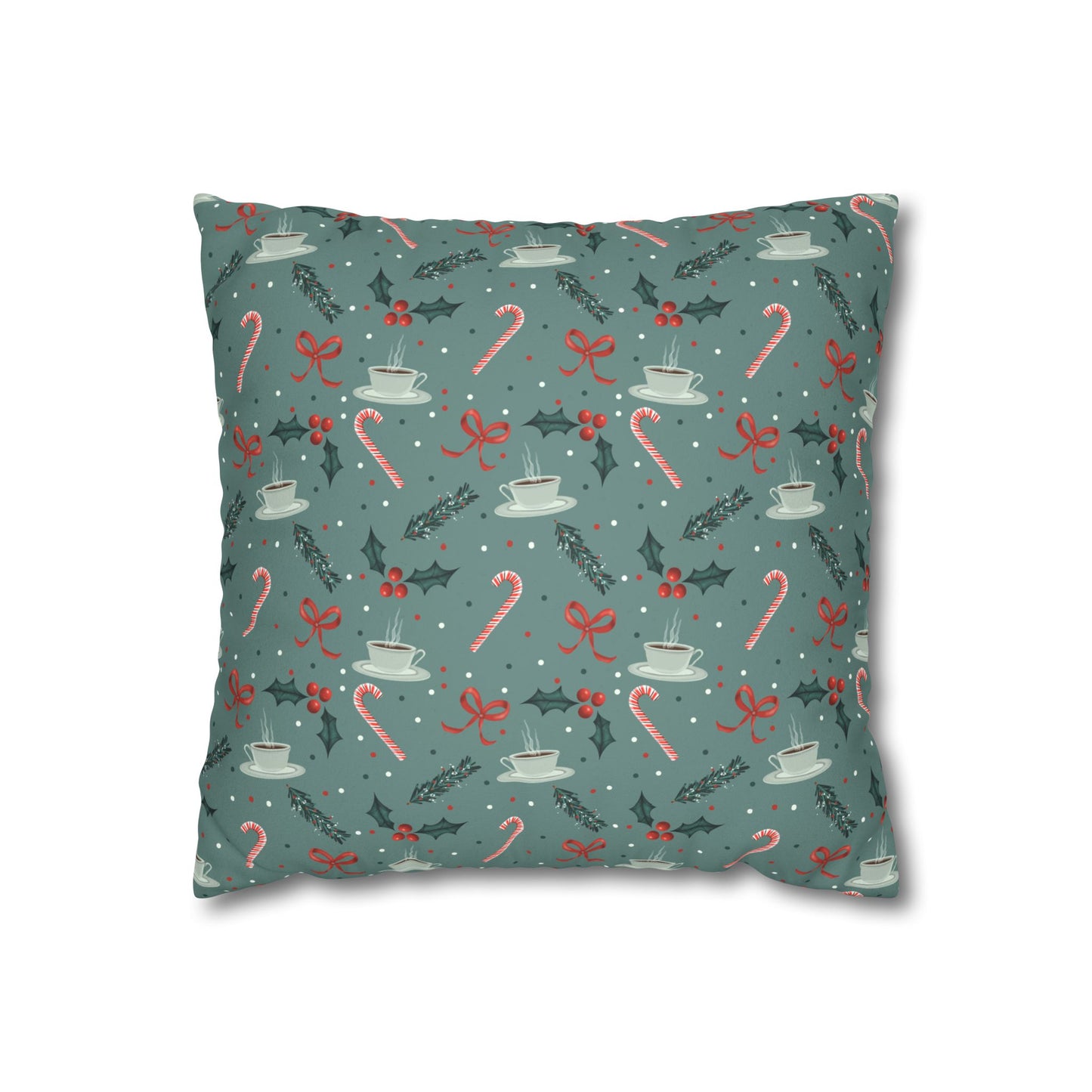 Throw Pillow Christmas Candy Canes Pine Sprigs Coffee Holly Bows Faux Suede - Cool Green