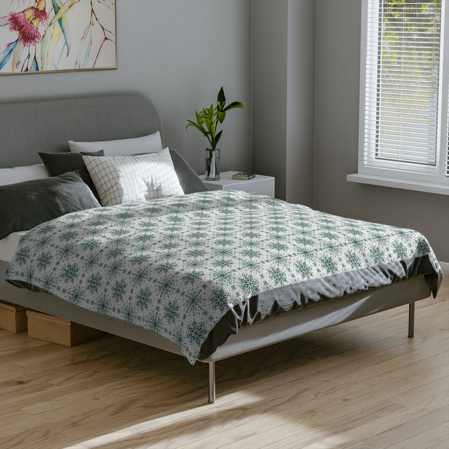 Velveteen Microfiber Blanket - Watercolor Snowflake Design by Anndria - Green and White