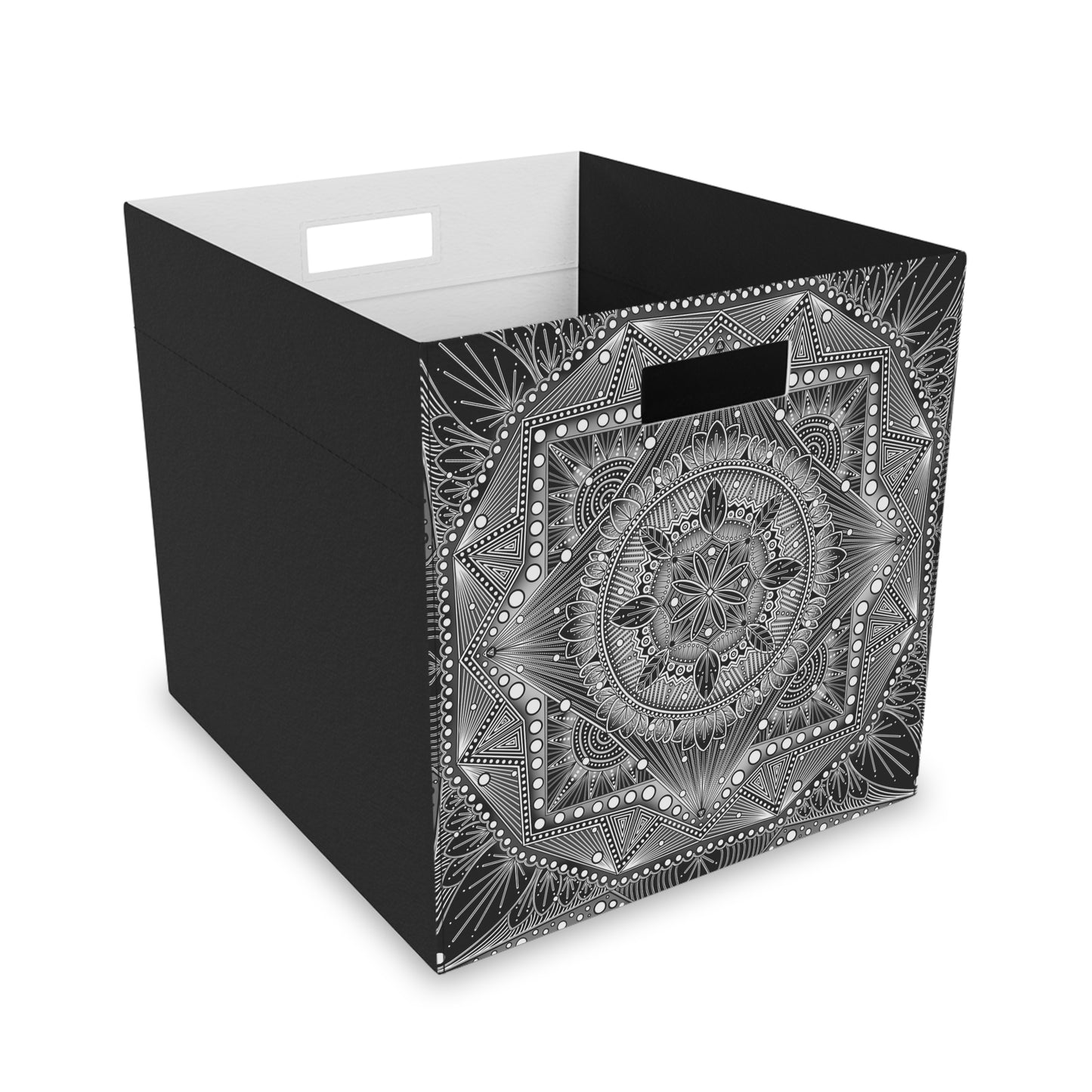 Felt Storage Box, Monochrome Mandala Design, Custom Organizer, Black and White Container, Unique Hand Drawn Storage Bin, Anndria Artwork