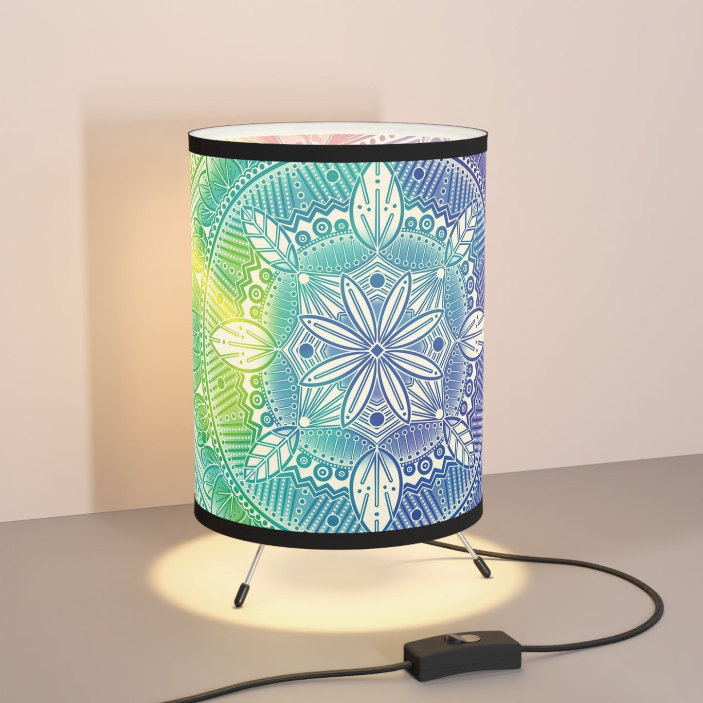 Lamp Shade, Rainbow Holographic Mandala Design by Anndria, Unique Tripod Lamp for Home Decor, US\CA Plug, Custom Printed Lighting,