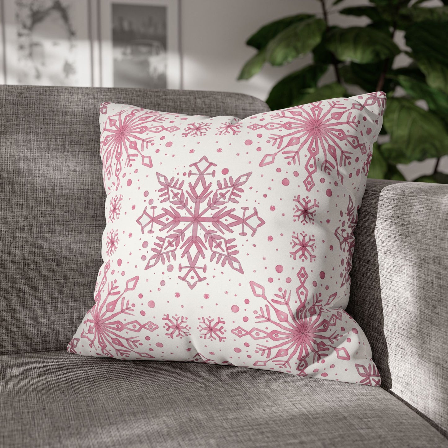 Pillowcase Watercolor Snowflake Design - Pink and White
