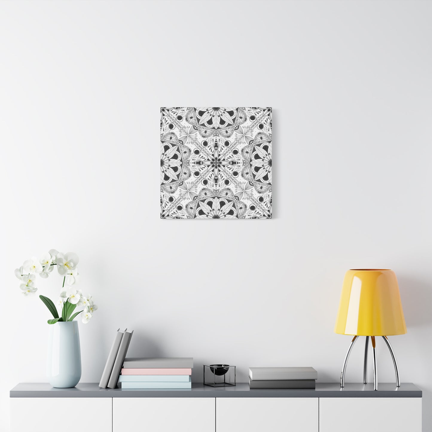 Black and White Floral Pattern Canvas Wall Art - Witchy Moth and Moons