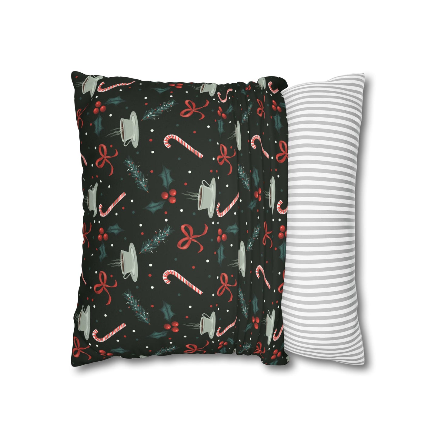 Throw Pillow Christmas Candy Canes Pine Sprigs Coffee Holly Bows Faux Suede - Dark Green